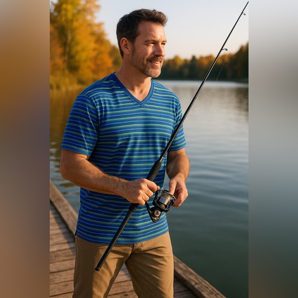 Stay Cool and Stylish in this Reel Legends Blue and Green Striped Men's Shirt - Picture 1 of 6